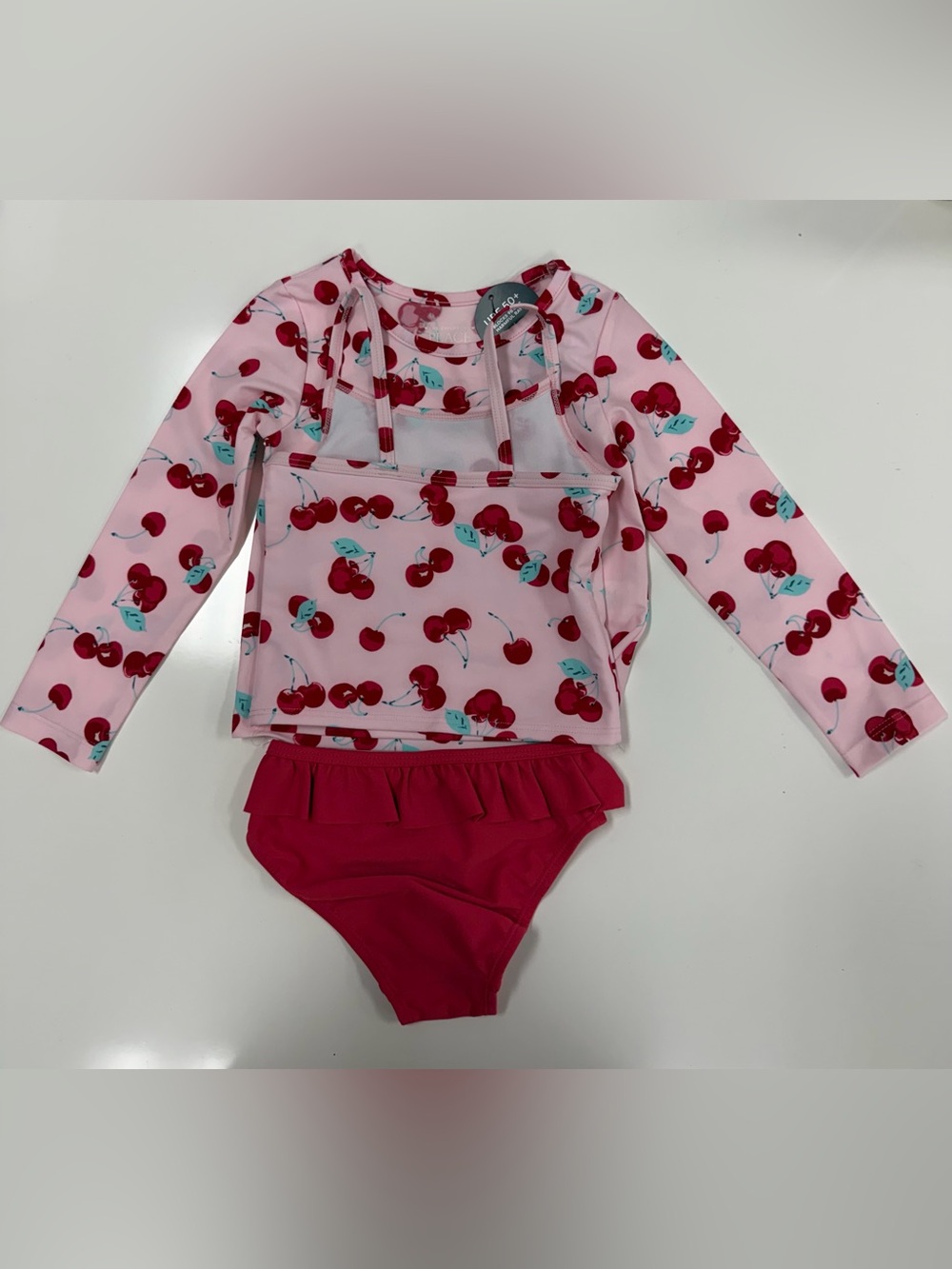Kids Long Sleeve Cherry Rash Guard 3 Piece Bikini Set - Pink 2T
